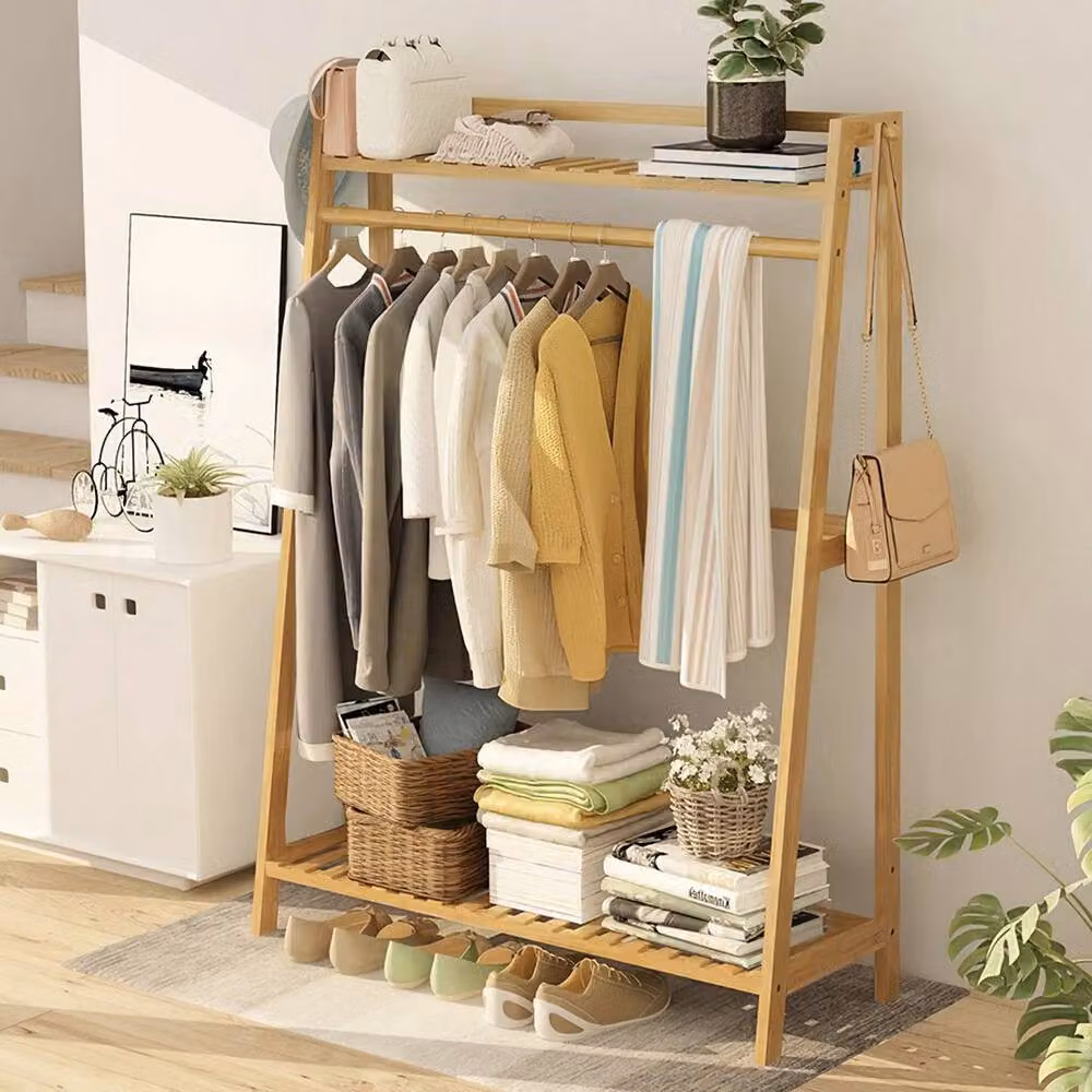 KORVIXA Bamboo Clothes Rail in Beige with Dual Hook and Rail Matrix, W/D/H: 90 x 90 x 90 cm – 3
