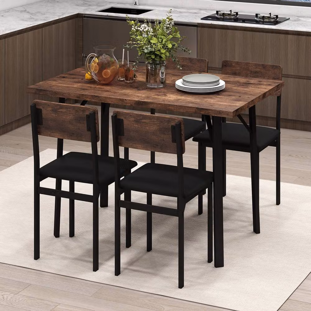 Costway Industrial 5-Piece Dining Set with Rectangular Table and 4 Upholstered Chairs in Brown – 6