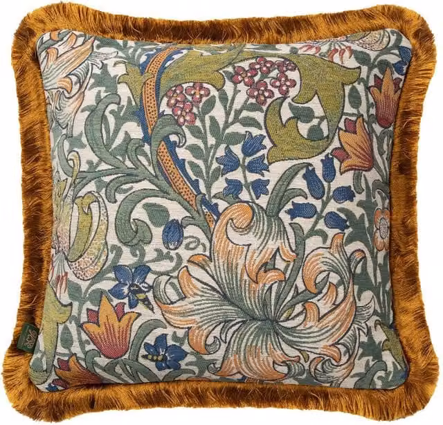 House of Hackney Golden Lily Medium Fringed Jacquard Cushion in Beige and Multicolour, W/D/H: 45 x 45 x 45 cm