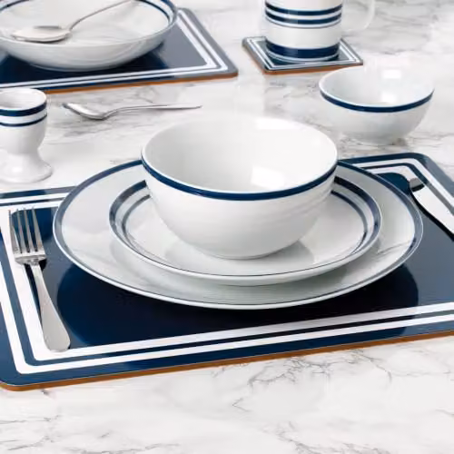 Waterside 80-Piece Blue and White Bistro Porcelain Tableware Set with Cutlery and Placemats – 4