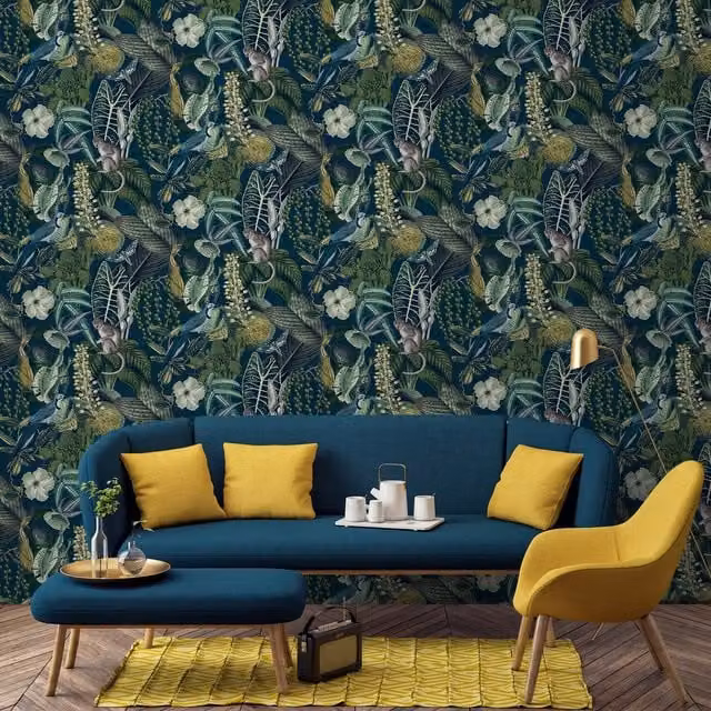 Grandeco Amazon Botanical Wildlife Jungle Textured Wallpaper in Green, Blue, Petrol and Pink