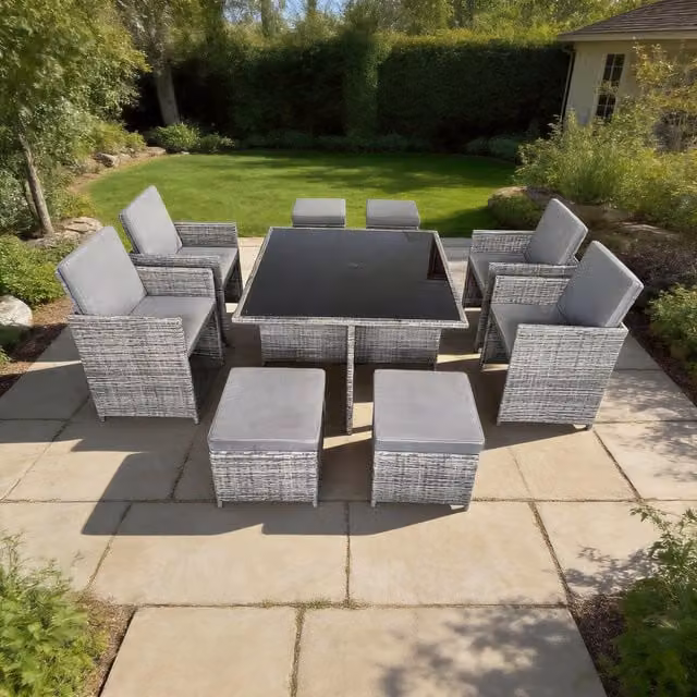 Furniture One 8 Seater Grey Polyrattan Cube Garden Furniture Set with Rectangular Table