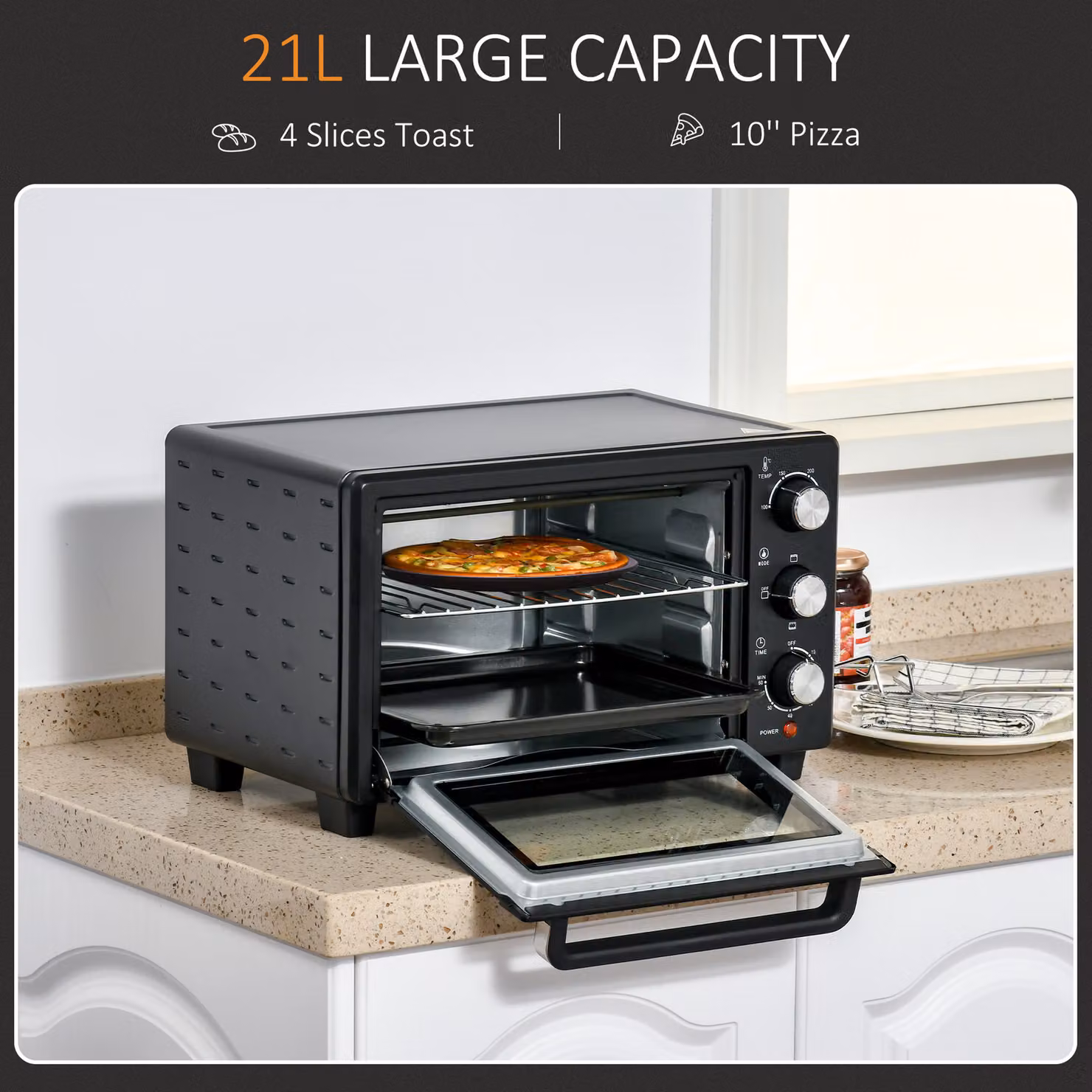 HOMCOM 21L Mini Countertop Electric Grill and Toaster Oven in Black with 1400W Power, Adjustable Temperature, Timer, Baking Tray and Wire Rack – 5