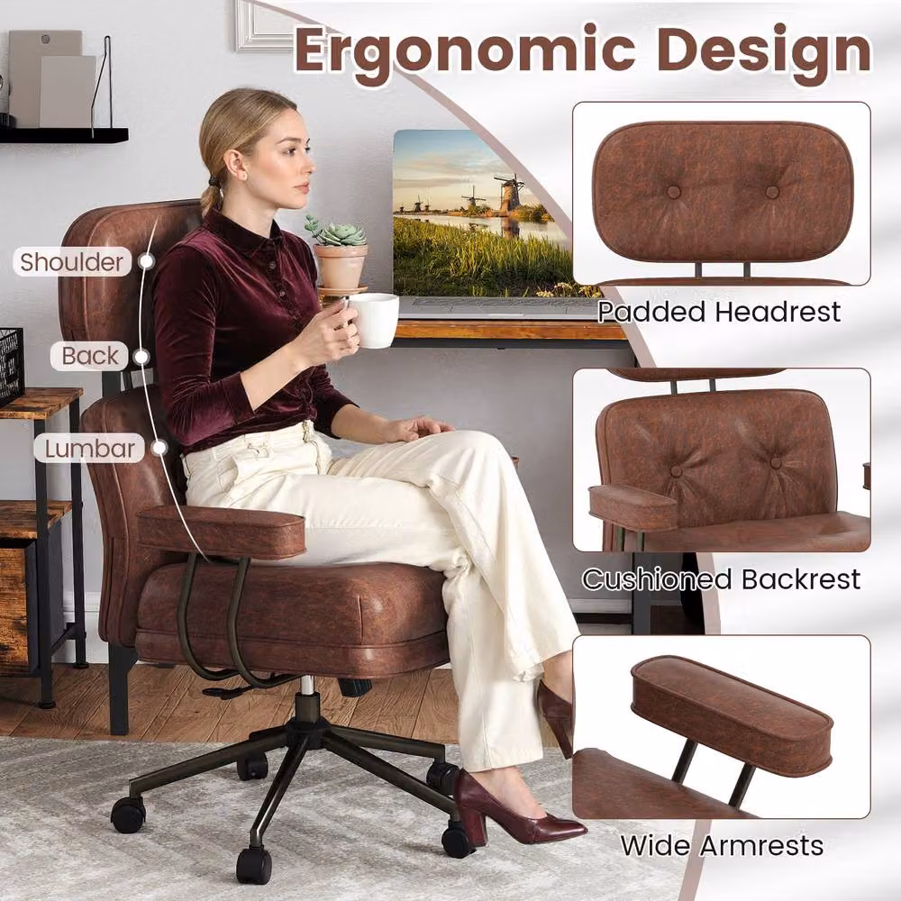 Gymax Brown Suede Fabric Home Office Task Chair with Headrest, Armrests and Swivel Castors – 5