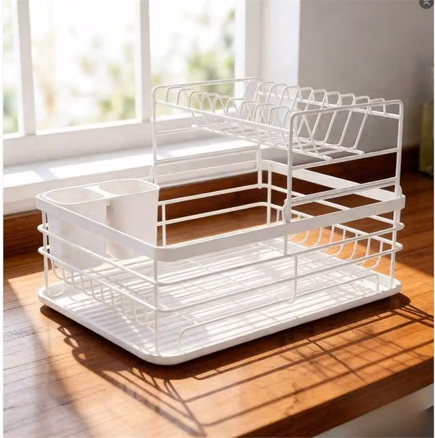 SPETLEK 2 Tier Kitchen Sink Dish Drainer Rack with Drip Tray and Cutlery Holder in White