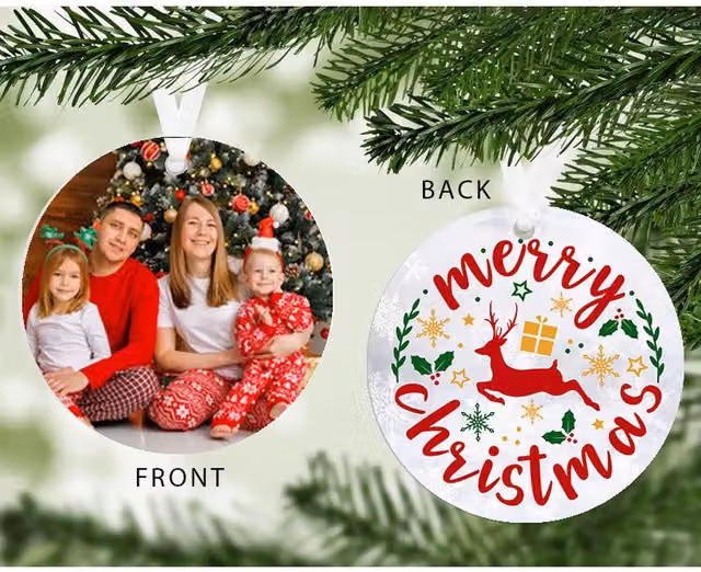 Uniqueful Personalised Merry Christmas Photo Upload Round Hanging Decoration in Clear Plastic