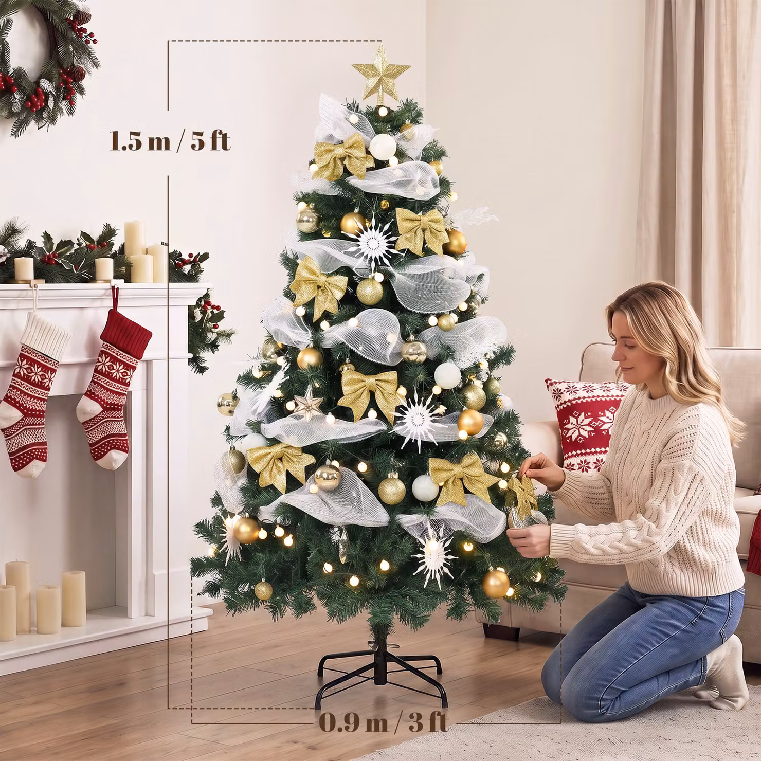 HOMCOM 5ft Pre-Lit Green Artificial Christmas Tree with 150 Warm White LED Lights and 8 Lighting Modes – 3