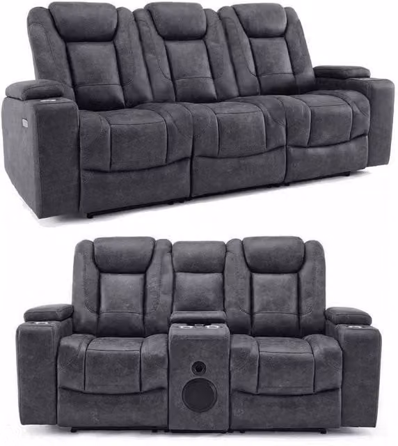 Furnishings For Less UK Juniper Grey Fabric Electric Recliner 3 + 2 Sofa Suite with USB Charging, Cup Holders and LED Lighting – 1