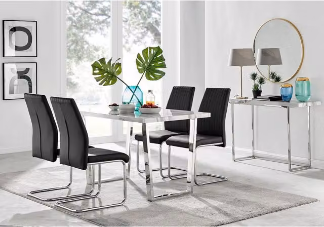 FurnitureboxUK Kylo White Marble Effect Rectangular Dining Table and 4 Lorenzo Chairs in Black