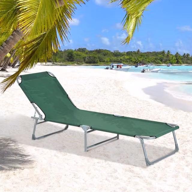 Outsunny Portable Folding Sun Lounger in Green with Adjustable Headrest and Powder Coated Steel Frame