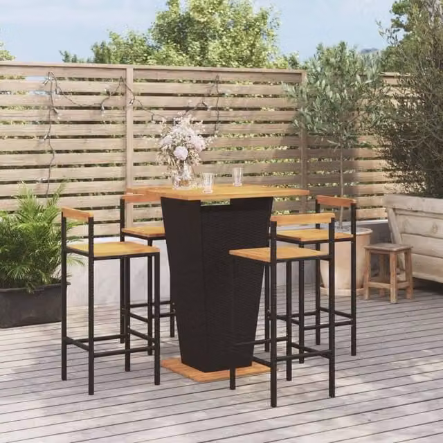 Berkfield Home 5 Piece Garden Bar Set in Black Poly Rattan and Solid Wood Acacia