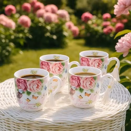 London Boutique Set of 4 White Floral Porcelain Mugs with Bird Rose and Butterfly Design, 350 ml each – 2