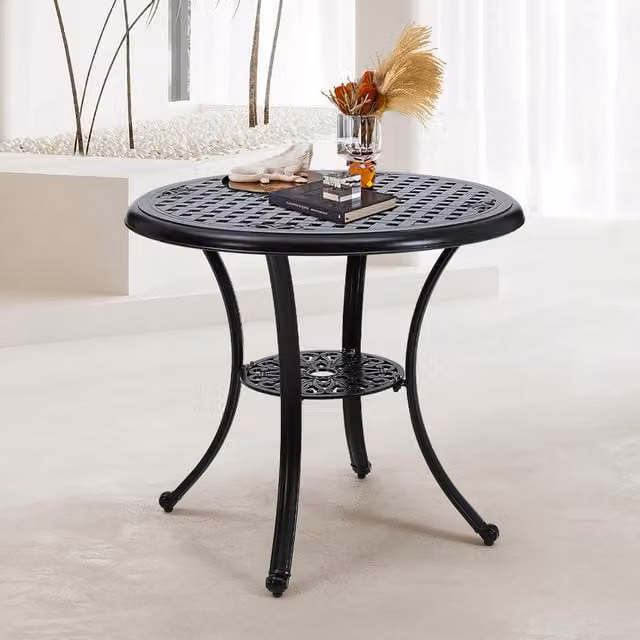 Livingandhome Cast Aluminium Patio Dining Table with Umbrella Hole, Black, Diameter: 81 cm