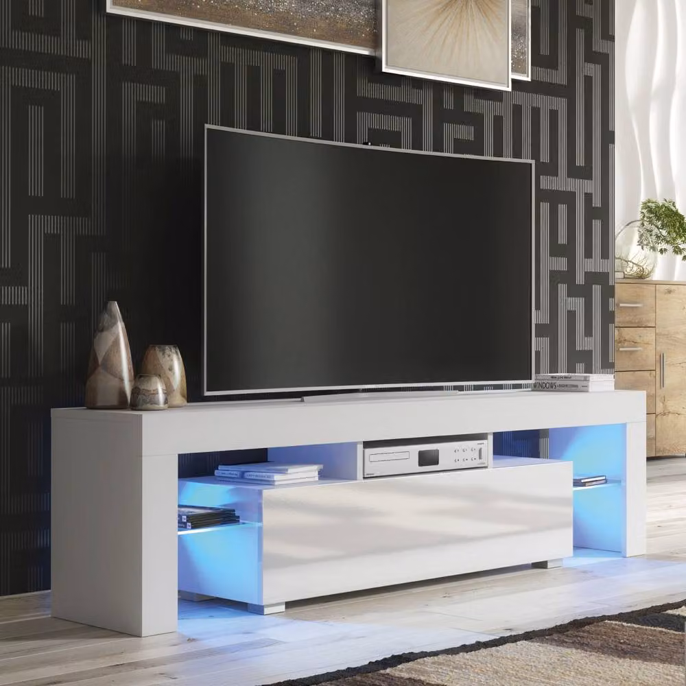 Mex Furniture LTD Aria Modern TV Unit in White with Glossy MDF Finish and Integrated LED Lighting, W: 160 cm, D: 35 cm, H: 45 cm – 3