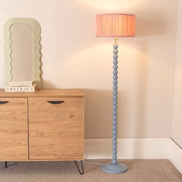 ValueLights Bobbins Powder Blue Floor Lamp with Blush Pink Ruched Pleated Fabric Shade and LED Bulb – 1