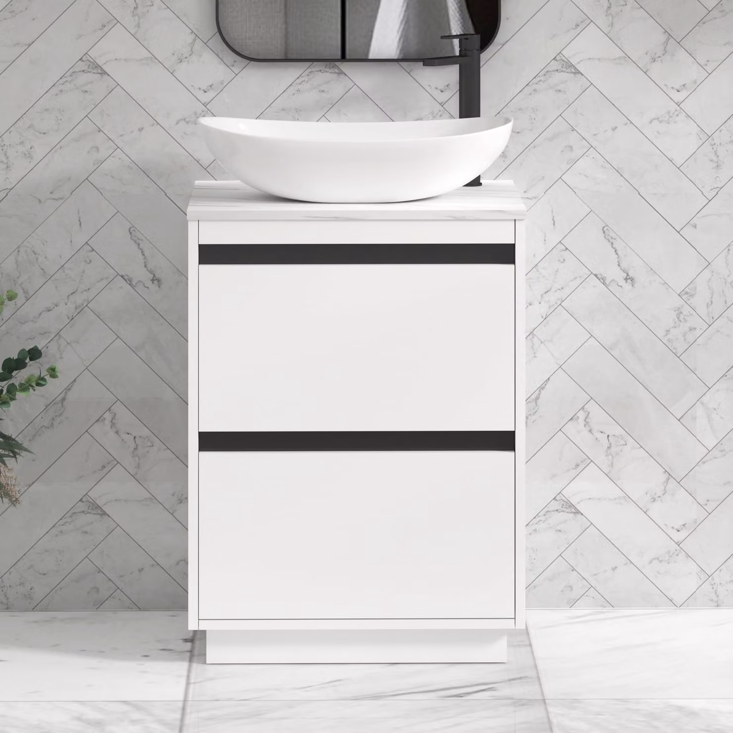 Royal Bathrooms Orion 800mm Matt White Floor Standing 2 Drawer Countertop Vanity Unit with Cesar Basin and Black Accent Trim