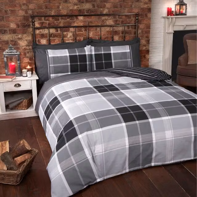 Rapport Home Reversible Checked Cotton Duvet Set with Pillowcase, Multicolour and Grey, Duvet Cover: 180 x 200 cm, Pillowcase: 50 x 75 cm