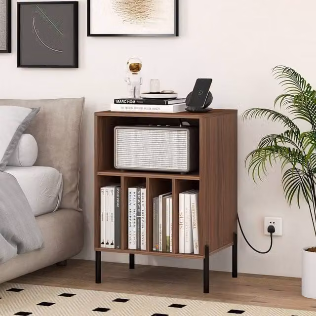 Costway Vinyl Record Player Stand with Integrated Charging Station in Walnut – 1