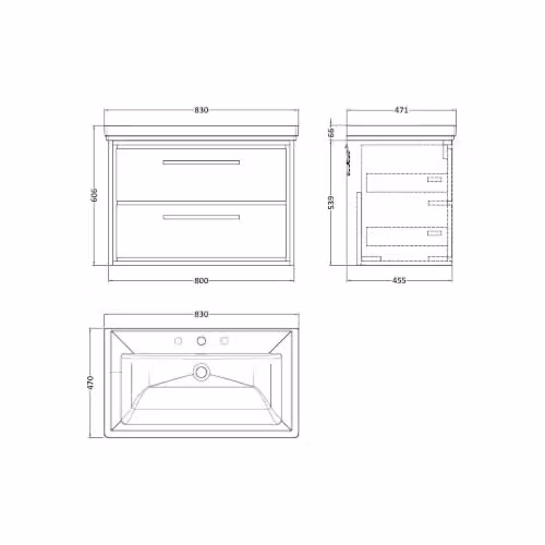 Balterley Wall Hung Bathroom Vanity Unit with 2 Soft Close Drawers and 3 Tap Hole Rectangular Sink, Graphite Grey, W: 83.0 cm, D: 47.1 cm, H: 60.6 cm – 3