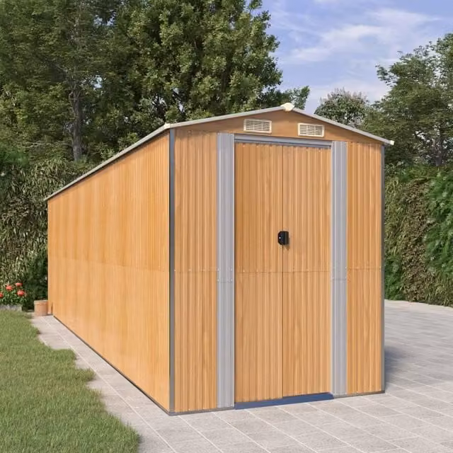 Berkfield Home Garden Shed in Light Brown, Galvanised Steel with Sliding Doors and Side Vent, W/D/H: 192 x 689 x 223 cm