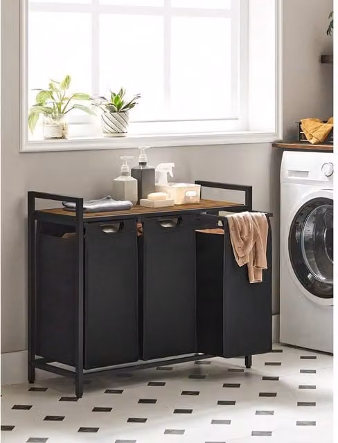 VASAGLE 3-Compartment Laundry Basket with Removable Bags, Black