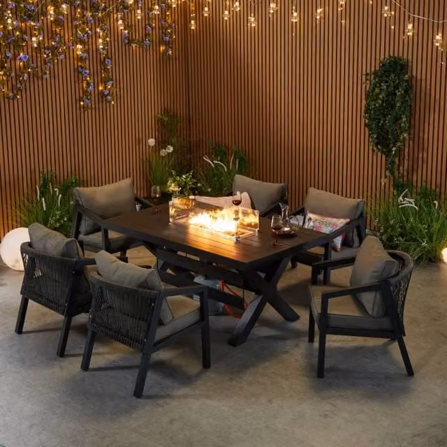 FURNITURE ONE 7 Piece Aluminium Patio Furniture Set with Firepit Table in Dark Grey