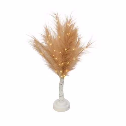 Shatchi 70cm Lighted Feather Tree Table Lamp in Beige with Warm White LEDs, Battery Operated