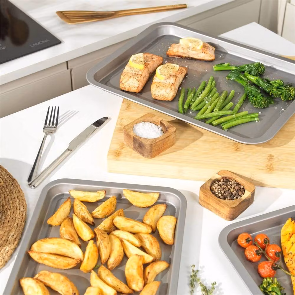 Havendro 6-Piece Non-Stick Carbon Steel Rectangular Baking and Roasting Tray Set in Silver and Grey – 3