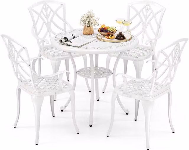 COSTWAY White Vintage Round Patio Dining Table and Chair Set in Powder Coated Aluminium