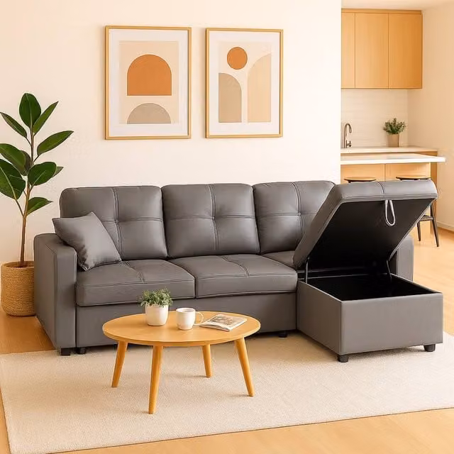SquareBoxx Astoria 3 Seater L Shape Convertible Pullout Sofa Bed with Deep Storage in Grey Faux Leather