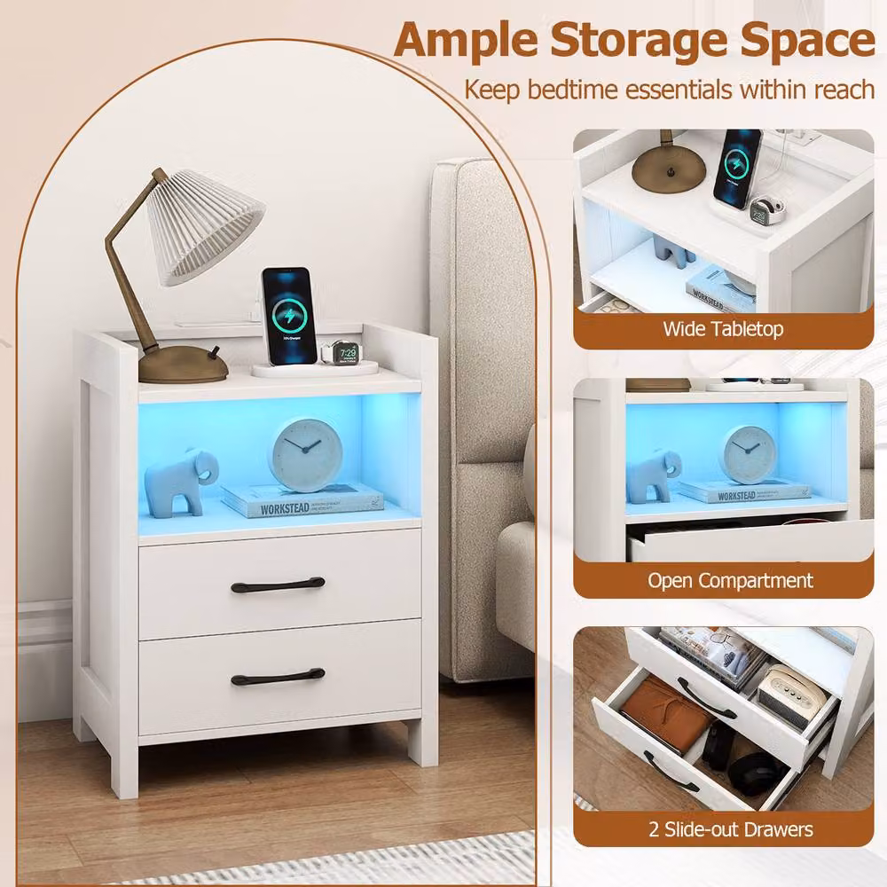 Gymax Modern White Nightstand with Integrated LED Lighting and Power Outlets – 2