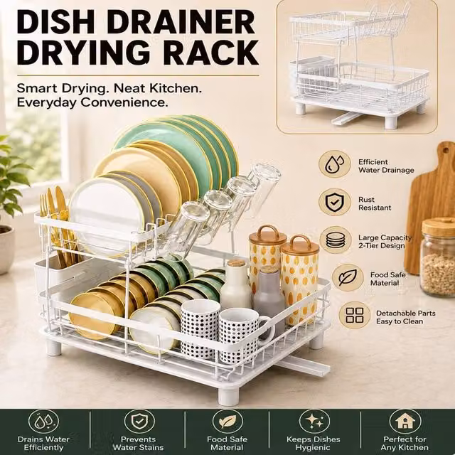 simplehuman 2 Tier Stainless Steel Kitchen Dish Drainer Rack in White with Cutlery Holder and Drip Tray