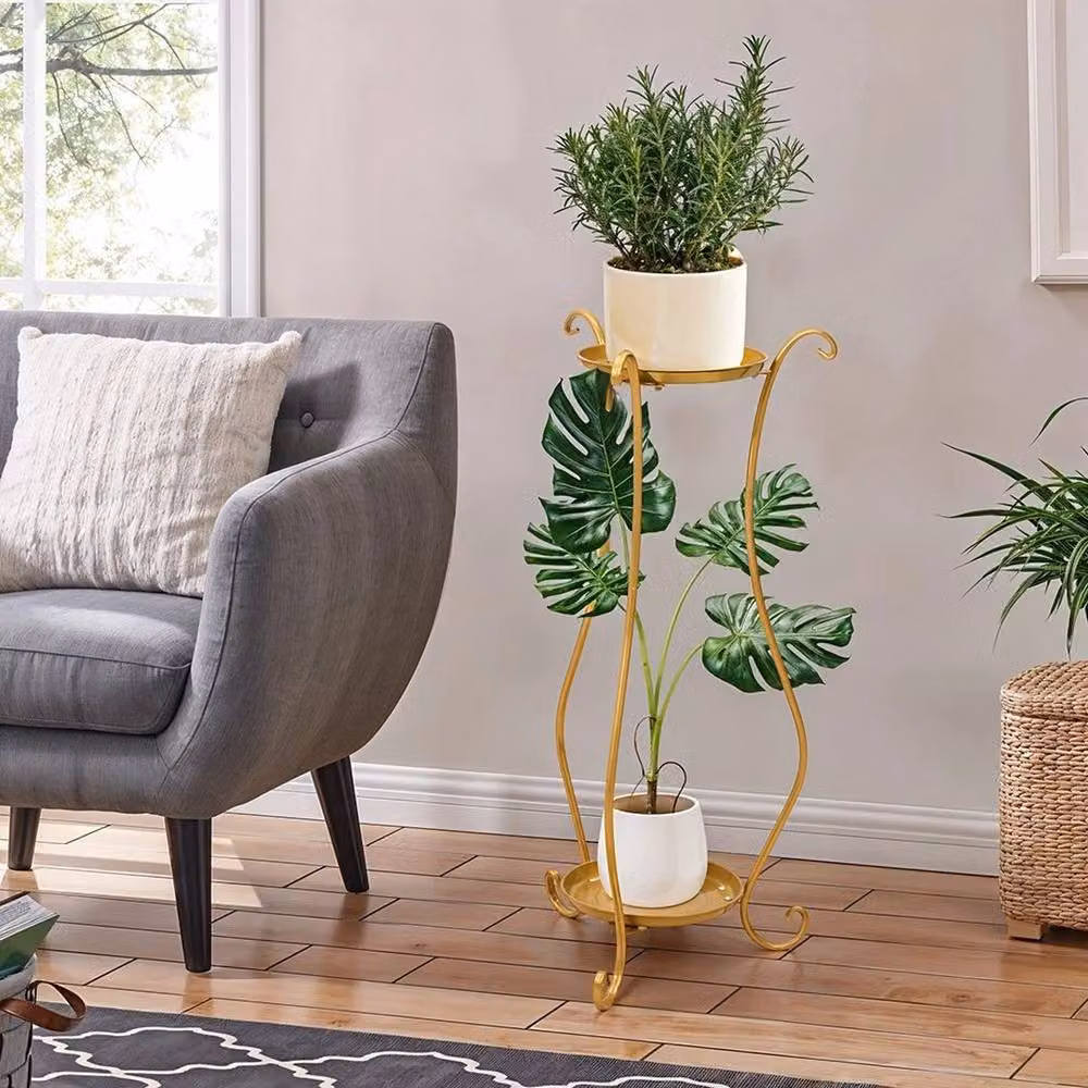 PAWNORA 2 Tier Metal Plant Stand in Matt Gold, H 72.0 cm x W 33.0 cm x D 33.0 cm – 2