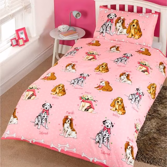Rapport Home Doggies Polka Dot Polycotton Duvet Set and Pillowcase, Pink, Single, 90 x 200 cm
