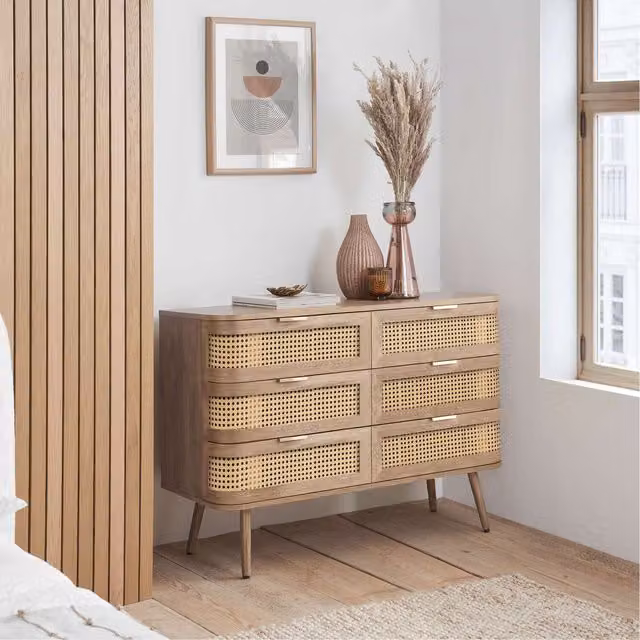 Birlea Noah 6 Drawer Chest in Oak and Brown Rattan