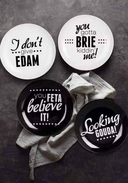 Orsina Set of 4 Porcelain Cheese Slogan Side Plates, Black and White – 9