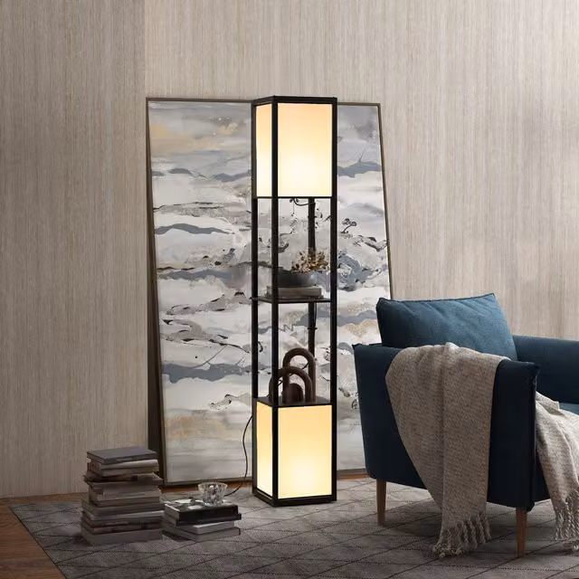 HOMCOM Modern Dual Light Floor Lamp with Shelf, Black