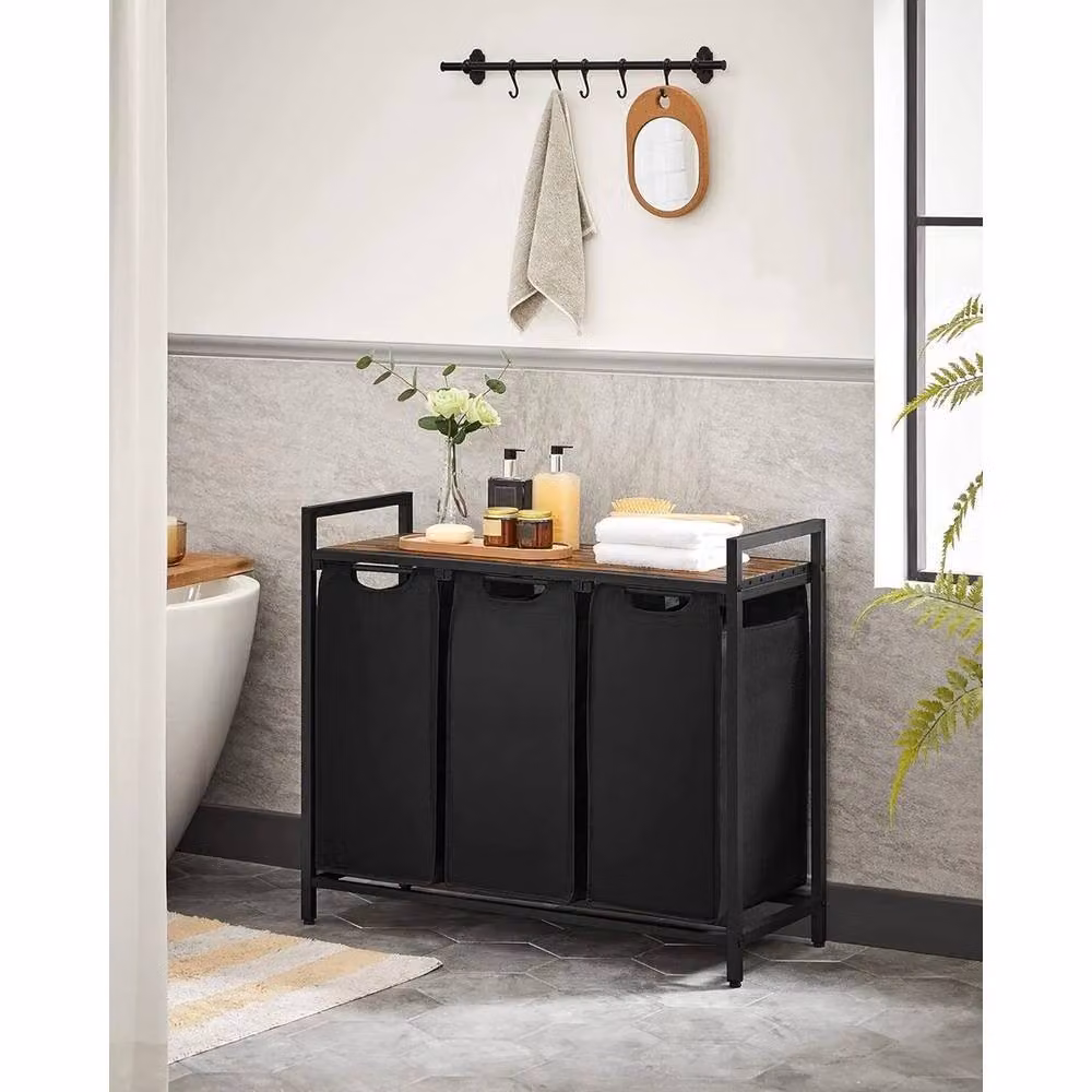 Kelvenix Large Industrial Wooden Laundry Hamper Basket with Removable Bag and Handles in Black – 5