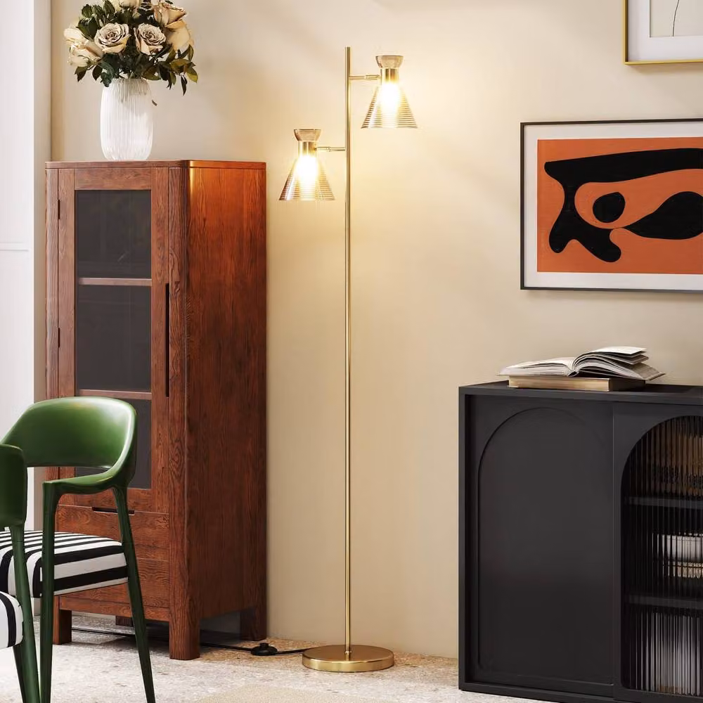 Wyld Haus Luno Dual Head Floor Lamp in Gold and Amber with Ribbed Glass Shades, H 165 cm x W 25 cm x D 25 cm – 6