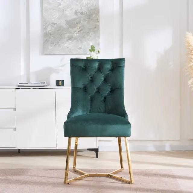 Life Interiors Ambra Modern Velvet Dining Chairs with Gold Legs and Ring Handle Tufted Accent, Green (Set of 2)