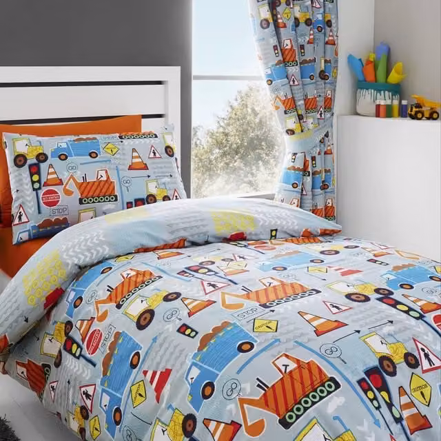 Happy Linen Company Kids Big Digger Trucks Blackout Pencil Pleat Curtain Set, Grey, Width: 167 cm, Drop: 183 cm