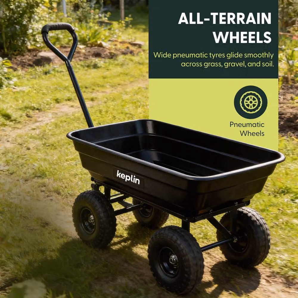 Keplin 75L Garden Cart with Pneumatic Tyres, 4 Wheel Trolley in Black – 3