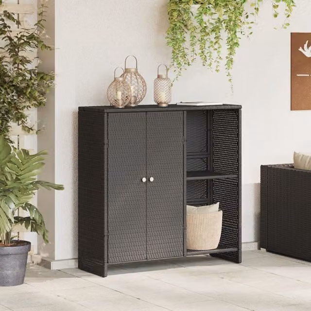 Berkfield Home Modern Black Rattan Storage Cabinet with Hinged Doors, W/D/H: 100 x 36 x 102 cm – 1