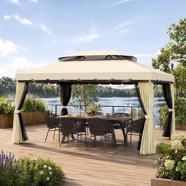 STILVORA Hip Gazebo in Beige with Curtains, W: 390 cm, D: 290 cm, H: 270 cm – 1