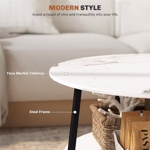 HOMCOM 2-Tier Round Coffee Table with Storage Shelf, White – 3