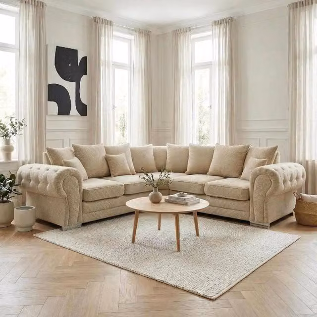 Abakus Direct Verona L-Shape Chesterfield Corner Sofa in Beige with Solid Wood Frame and Scatter Cushions