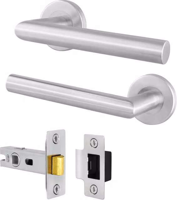 AFIT Silver Satin Lever on Round Rose Door Handles and Latch 64mm Kit, Stainless Steel, W/D/H: 150 x 150 x 150 mm