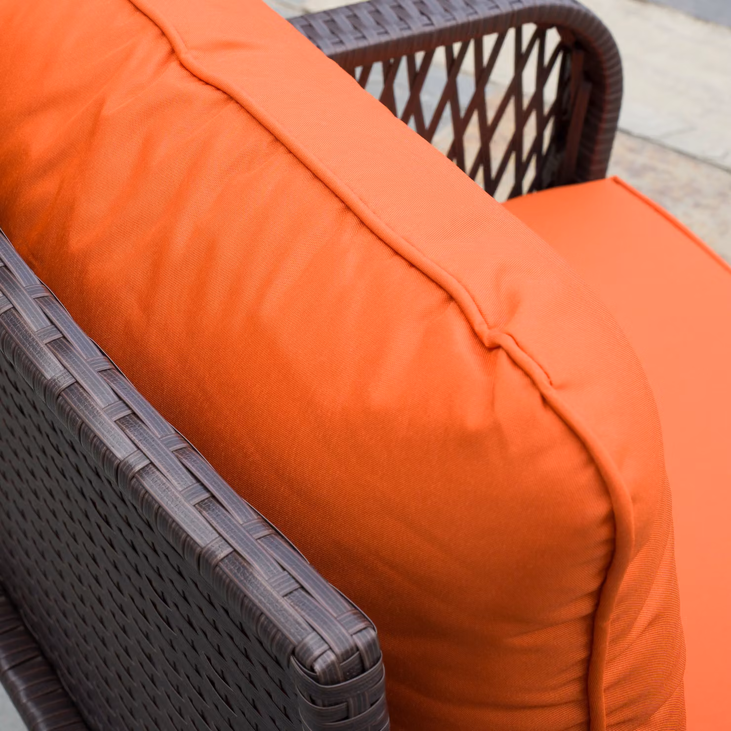 Outsunny 3 Piece Rattan Bistro Set with Upholstered Armchairs and Glass Top Coffee Table in Orange – 7