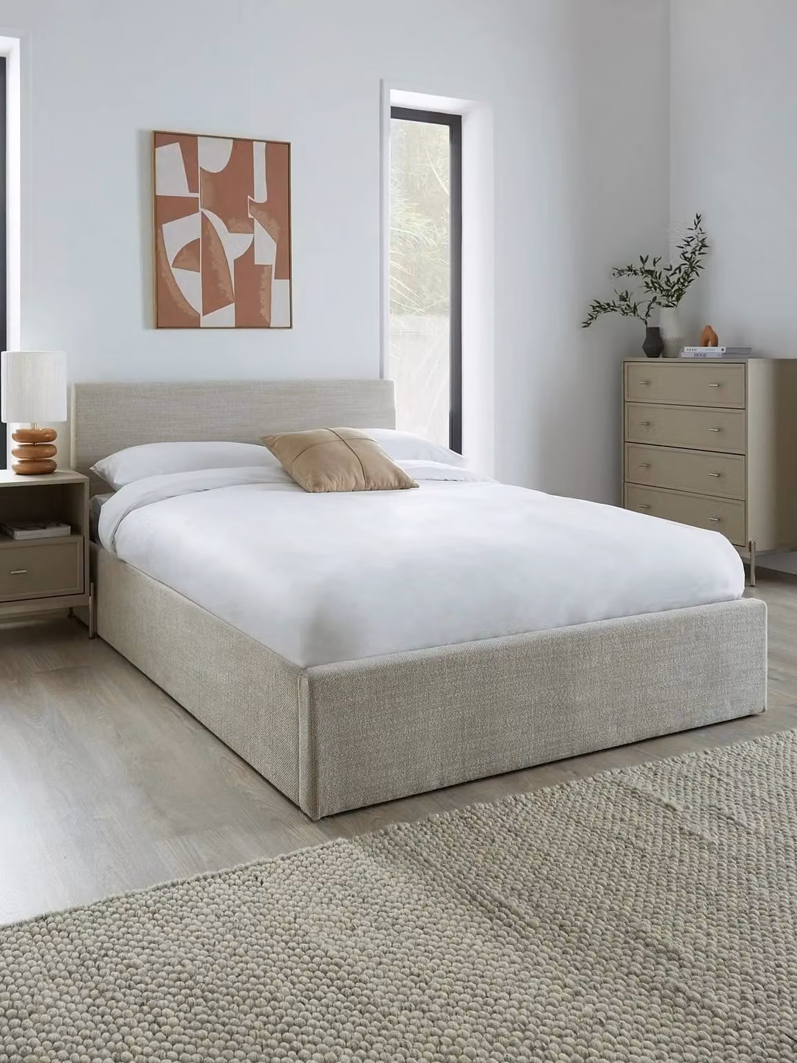 Porto Small Double Lift Up Storage Ottoman Bed Frame in Beige Upholstered Fabric, W/D/H: 120 x 200 cm