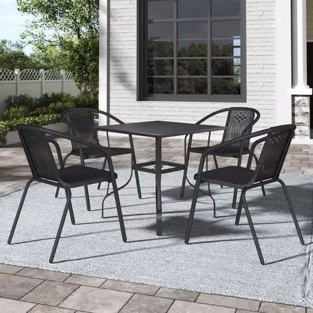 Breeins Matt Black Metal Slatted Garden Table and Four Rattan Chairs Set